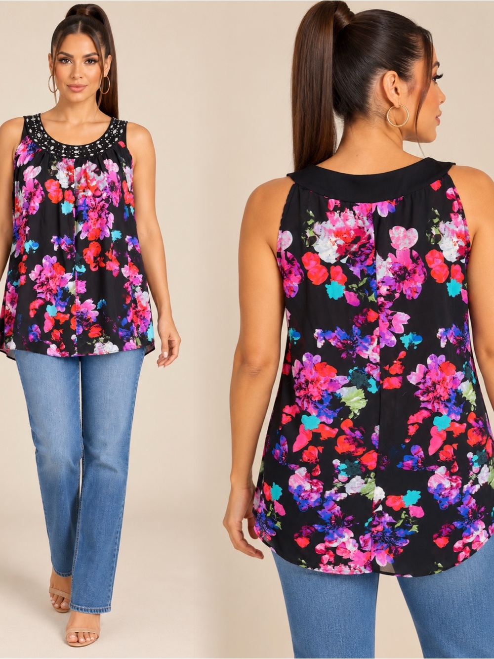 Notations Black Floral Beaded Neck Sleeveless Top